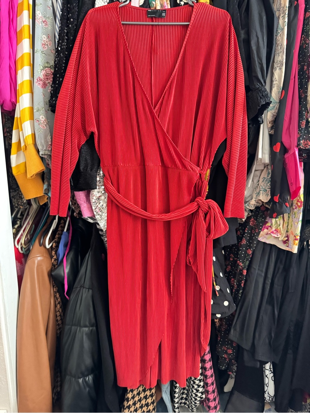 New ASOS Red Pleated Wrap Midi Dress with Side Tie